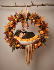 A newborn baby is sleeping calmly in a beautiful fall wreath. 